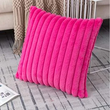 ZLINA Set of 2 Hot Pink Faux Fur Decorative Throw Pillow Covers Fluffy Striped Pillowcase Cushion Covers 18 x 18 Inch Decor Sofa Couch Bedroom