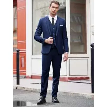 COOFANDY Men's 3 Piece Wedding Suit Set One Button Slim Fit Jacket Blazer Vest Pants Set Groom Prom Tuxedo Suits Navy Blue