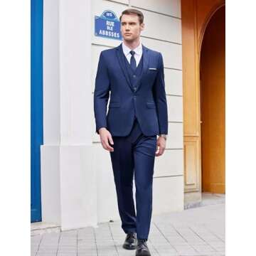 COOFANDY Men's 3 Piece Wedding Suit Set One Button Slim Fit Jacket Blazer Vest Pants Set Groom Prom Tuxedo Suits Navy Blue
