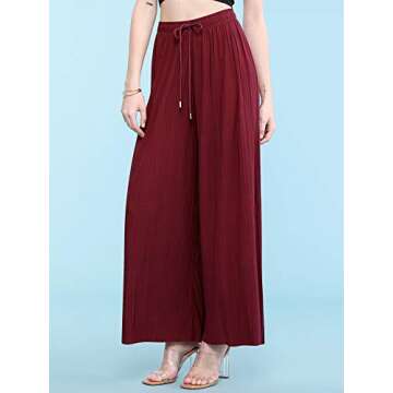 Made By Johnny MBJ WB1484 Womens Pleated Wide Leg Palazzo Pants with Drawstring OneSize Wine