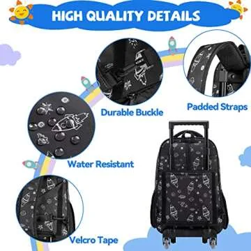 VASCHY Rolling Backpack Kids, 17in Water Resistant Large Schoolbag Carry-on Travel Trip Bag with Wheels for Boys Rockets