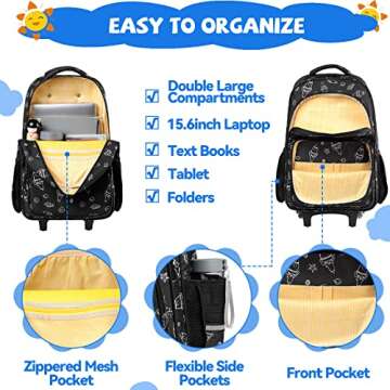 VASCHY Rolling Backpack Kids, 17in Water Resistant Large Schoolbag Carry-on Travel Trip Bag with Wheels for Boys Rockets