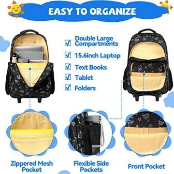 VASCHY Rolling Backpack Kids, 17in Water Resistant Large Schoolbag Carry-on Travel Trip Bag with Wheels for Boys Rockets