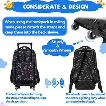 VASCHY Rolling Backpack Kids, 17in Water Resistant Large Schoolbag Carry-on Travel Trip Bag with Wheels for Boys Rockets