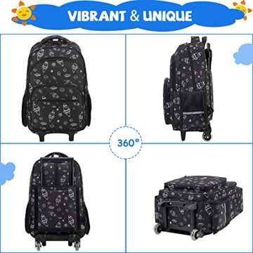 VASCHY Rolling Backpack Kids, 17in Water Resistant Large Schoolbag Carry-on Travel Trip Bag with Wheels for Boys Rockets
