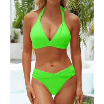 Yonique Women Two Piece Bathing Suits Push Up Bikini Set Halter Swimsuit Vintage Swimwear Neon Green XL