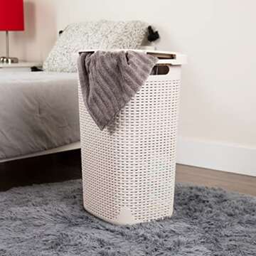 Mind Reader 60L Slim Laundry Hamper, Clothes Basket, Lid, Wicker Design, Plastic, 17.65"L x 13.75"W x 24.15"H, Ivory