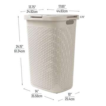 Mind Reader 60L Slim Laundry Hamper, Clothes Basket, Lid, Wicker Design, Plastic, 17.65"L x 13.75"W x 24.15"H, Ivory