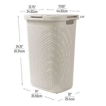Mind Reader 60L Slim Laundry Hamper, Clothes Basket, Lid, Wicker Design, Plastic, 17.65"L x 13.75"W x 24.15"H, Ivory