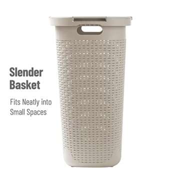 Mind Reader 60L Slim Laundry Hamper, Clothes Basket, Lid, Wicker Design, Plastic, 17.65"L x 13.75"W x 24.15"H, Ivory