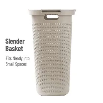 Mind Reader 60L Slim Laundry Hamper, Clothes Basket, Lid, Wicker Design, Plastic, 17.65"L x 13.75"W x 24.15"H, Ivory