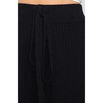 Waitfairy Womens Solid Rib Knit Wide Leg Pants Elastic Waist Flowy Sweater Pants Black M/L