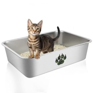 PWTAA Stainless Steel Cat Litter Box, High Side Cats Toilet Metal Litter Box, Pet Cleaning Tool for ...