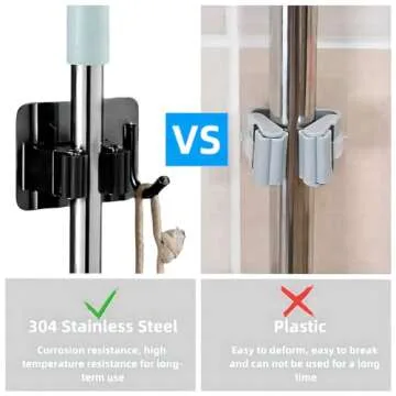 Mop Broom Holder No Drill StainlessSteel, Mop Broom Organizer Wall Mounted Heavy Duty with Hooks Han...