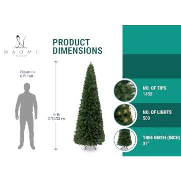 Naomi Home 9ft Slim Christmas Tree with Lights, Realistic Skinny Pencil Christmas Tree Prelit with 1...