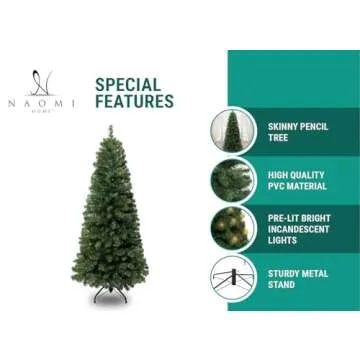Naomi Home 9ft Slim Christmas Tree with Lights, Realistic Skinny Pencil Christmas Tree Prelit with 1455 Branch Tips, 500 Warm Lights and Metal Stand, Aritificial Christmas Tree, Árbol De Navidad