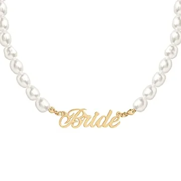 xo, Fetti Bride Pearl Beaded Necklace, 16" Choker, Bride Gold Nameplate | Bachelorette Party Decorat...