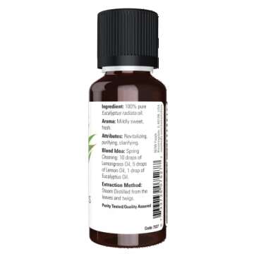 NOW Essential Oils, Eucalyptus Radiata Oil, Revitilizing Aromatherapy Scent, Steam Distilled, 100% Pure, Vegan, Child Resistant Cap, 1-Ounce