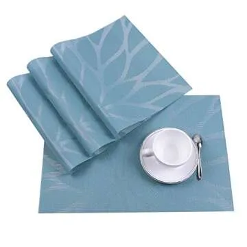 famibay Easy to Clean Indoor/Outdoor Place Mats Turquoise - Heat Insulation PVC Placemats Stain-Resistant Woven Vinyl Table Mats for Kitchen Set of 4-30x45 cm (Floral Blue)