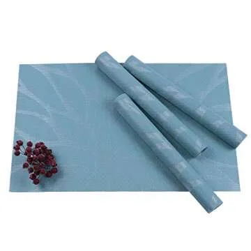 famibay Easy to Clean Indoor/Outdoor Place Mats Turquoise - Heat Insulation PVC Placemats Stain-Resistant Woven Vinyl Table Mats for Kitchen Set of 4-30x45 cm (Floral Blue)