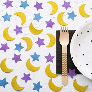 Glitter Paper Confetti Star and Moon for Table Wedding Birthday Eid Party Decoration, 1.2 inch in Diameter (Gold,Purple,Blue Glitter,200pc)