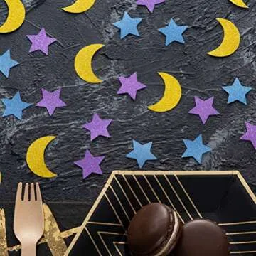 Glitter Paper Confetti Star and Moon for Table Wedding Birthday Eid Party Decoration, 1.2 inch in Diameter (Gold,Purple,Blue Glitter,200pc)