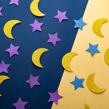 Glitter Paper Confetti Star and Moon for Table Wedding Birthday Eid Party Decoration, 1.2 inch in Diameter (Gold,Purple,Blue Glitter,200pc)