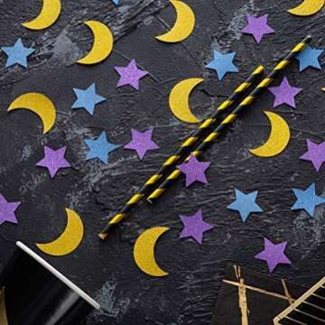 Glitter Paper Confetti Star and Moon for Table Wedding Birthday Eid Party Decoration, 1.2 inch in Diameter (Gold,Purple,Blue Glitter,200pc)