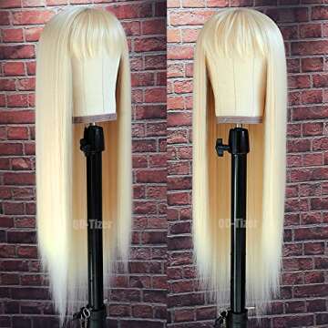 QD-Tizer #613 Blonde Long Straight Synthetic Hair Wigs with Bangs Women's Costume Wig Heat Resistant Hair Replacement Wig