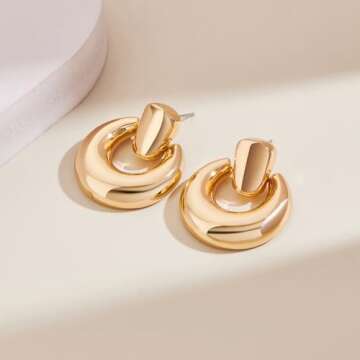 Gold Dangle Earrings for Women Statement Chunky Gold Drop Earrings Door Knock Shape Dangling Earrings for Women Party Weeding Jewelry