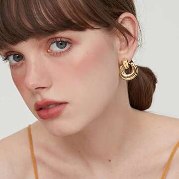 Gold Dangle Earrings for Women Statement Chunky Gold Drop Earrings Door Knock Shape Dangling Earrings for Women Party Weeding Jewelry