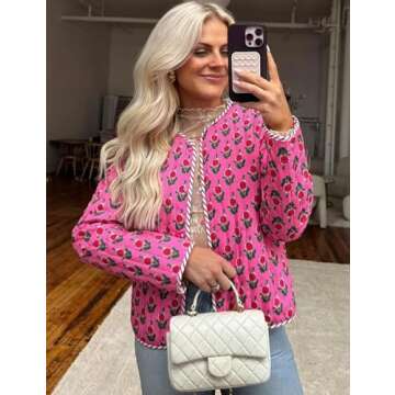 Yimoon Quilted Jackets for Women Reversible Floral Print Open Front Lightweight Cropped Puffer Jacket Outwear (Red-M)