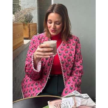 Yimoon Quilted Jackets for Women Reversible Floral Print Open Front Lightweight Cropped Puffer Jacket Outwear (Red-M)