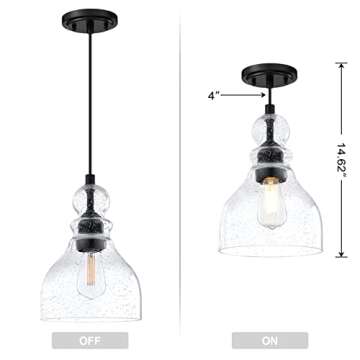 3 Pack 1 Light Hanging Indoor Kitchen Island Pendant Light 6.5" Clear Seeded Glass Pendant Ceiling Light Fixtures Black Finish Modern Farmhouse Dinning Over Sink