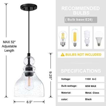 3 Pack 1 Light Hanging Indoor Kitchen Island Pendant Light 6.5" Clear Seeded Glass Pendant Ceiling Light Fixtures Black Finish Modern Farmhouse Dinning Over Sink