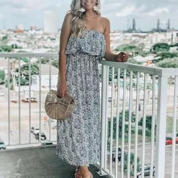 ZMPSIISA Women's Summer Off The Shoulder Maxi Dress Ruffle Strapless Blue White Porcelain Boho Casual Loose Long Dresses(A-Blue Porcelain,Small)