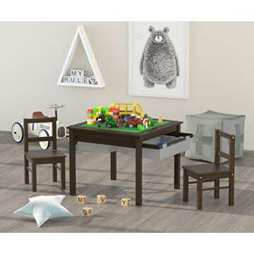 UTEX Wooden 2 in 1 Kids Construction Play Table and 2 Chairs Set with Storage Drawers, and Built in Plate Compatible with Lego and Duplo Bricks (Espresso with Grey Drawer)