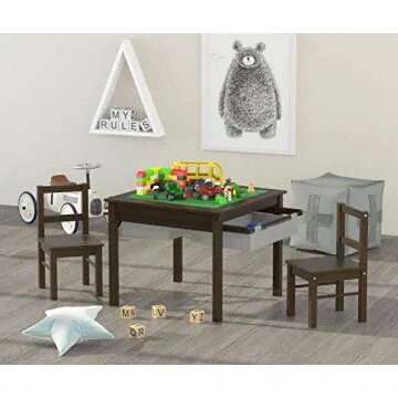 UTEX Wooden 2 in 1 Kids Construction Play Table and 2 Chairs Set with Storage Drawers, and Built in Plate Compatible with Lego and Duplo Bricks (Espresso with Grey Drawer)