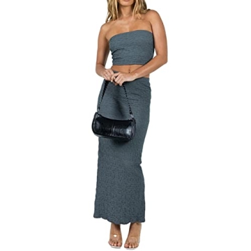 Women Y2K 2 Piece Long Skirt Set V Neck Halter Crop Top Off Shoulder Slim Fit Tube Top Split Maxi Sk...