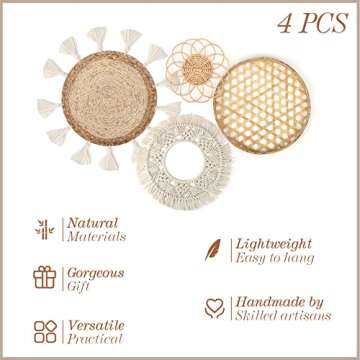 Set of 4 Boho Wall Basket Decor Wall Hanging Rattan Macrame Decor Flat Round Wicker Woven Macrame Ta...