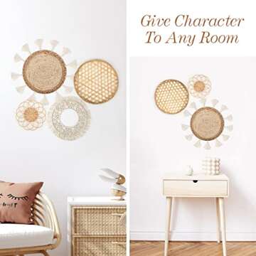 Set of 4 Boho Wall Basket Decor Wall Hanging Rattan Macrame Decor Flat Round Wicker Woven Macrame Tassels Tapestry Bamboo Wall Basket Handmade Serving Tray Art for Room Bedroom Living Room