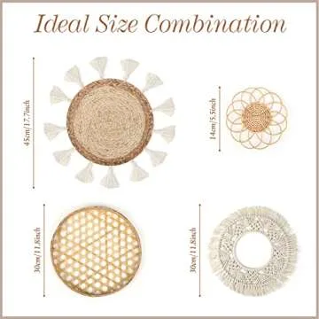 Set of 4 Boho Wall Basket Decor Wall Hanging Rattan Macrame Decor Flat Round Wicker Woven Macrame Tassels Tapestry Bamboo Wall Basket Handmade Serving Tray Art for Room Bedroom Living Room