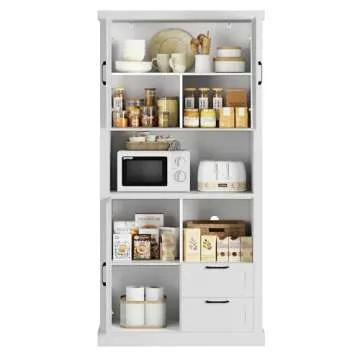 HOSTACK 76" Tall Farmhouse Kitchen Pantry Cabinet, Kitchen Hutch Bar Cabinet with Drawers & Shelves, Large Wood Storage Cabinet with Barn Doors & Microwave Stand, Cupboard for Dining Room, White