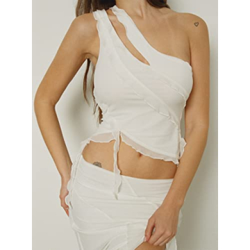 CSDAJIO Women's One Shoulder Mesh Crop Top for Summer