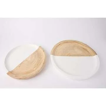 Mud Pie Paulownia Round Tray Set, small 14" dia | large 16" dia, White