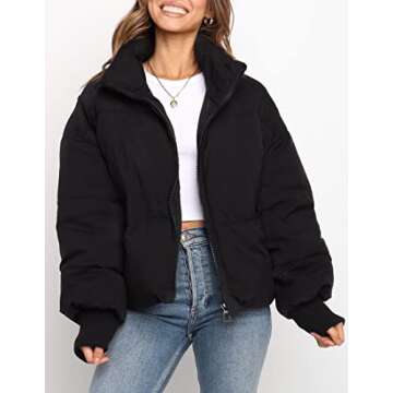 ZESICA Women's Warm Long Sleeve Cropped Puffer Jacket - Chic Winter Coat in Black