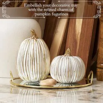 Fall Decor-2PCS Fake Resin Autumn Pumpkins Decorations for Thanksgiving Home Table Centerpiece Shelf Mantel Decor, Fall Season Artificial Decorative Pumpkins for Indoor Kitchen Harvest,White&Gold