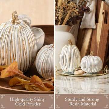 Fall Decor-2PCS Fake Resin Autumn Pumpkins Decorations for Thanksgiving Home Table Centerpiece Shelf Mantel Decor, Fall Season Artificial Decorative Pumpkins for Indoor Kitchen Harvest,White&Gold