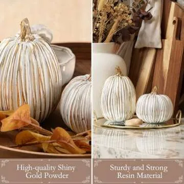 Fall Decor-2PCS Fake Resin Autumn Pumpkins Decorations for Thanksgiving Home Table Centerpiece Shelf Mantel Decor, Fall Season Artificial Decorative Pumpkins for Indoor Kitchen Harvest,White&Gold