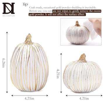 Fall Decor-2PCS Fake Resin Autumn Pumpkins Decorations for Thanksgiving Home Table Centerpiece Shelf Mantel Decor, Fall Season Artificial Decorative Pumpkins for Indoor Kitchen Harvest,White&Gold